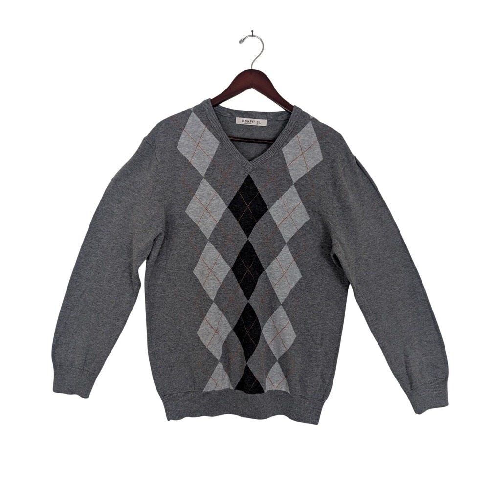 Old Navy Mens Grey‎ Argyle V-Neck Sweater Cotton Rabbit Hair Blend Large